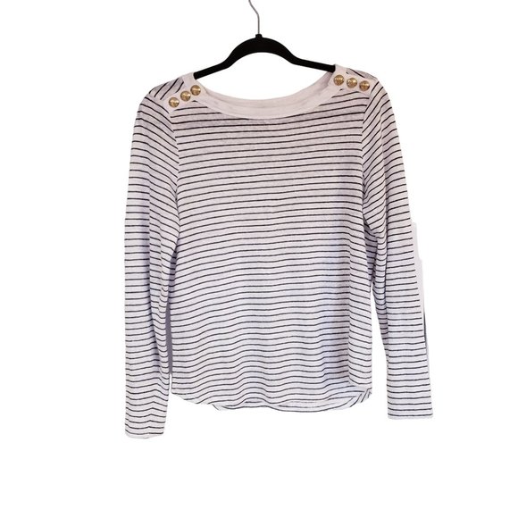 Chico's Linen top size Large‎ shoulder  gold button detail striped black white - Picture 1 of 9